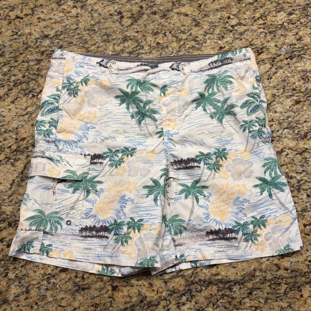 Croft & Barrow Mens Tropical Palm Tree Pineapple Swim Trunks White Medium